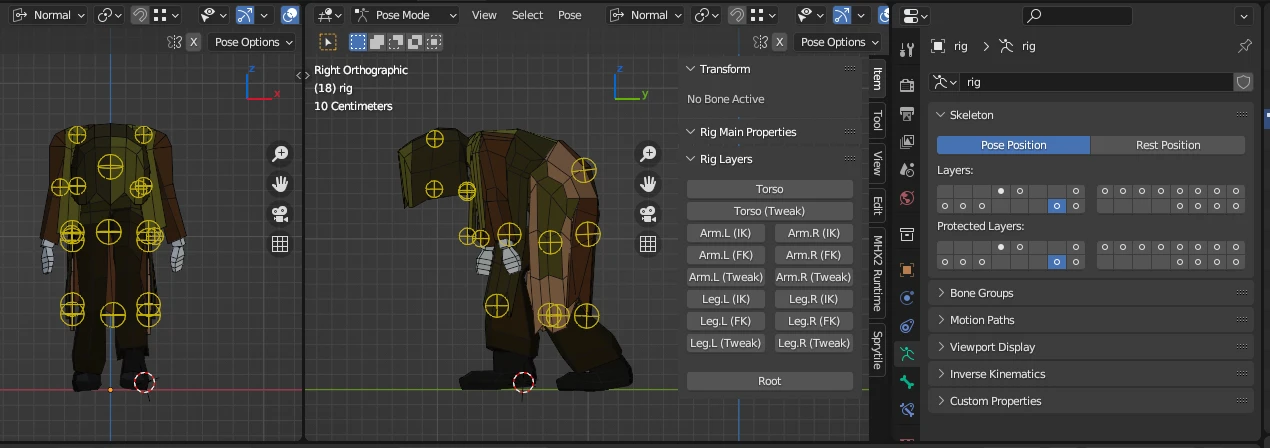 A view of the rag-covered creature in Blender. Visible are the animation controls for the rags, once from top, once from side. Next to these is a view with a lot of unlabelled buttons, only one of them active.